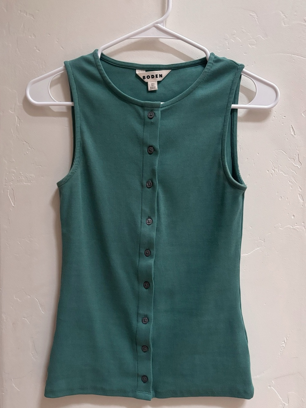 Boden Evie Button Through Rib Vest Tank, US Size 2, Green Deep Sea, Like New